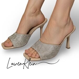 Steve Madden‎ Beige Rhinestone Square Toe Heeled Mules Sandals Size 10M